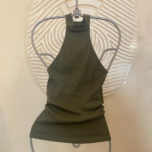 Free People Army Green Ribbed High Neck Long Top